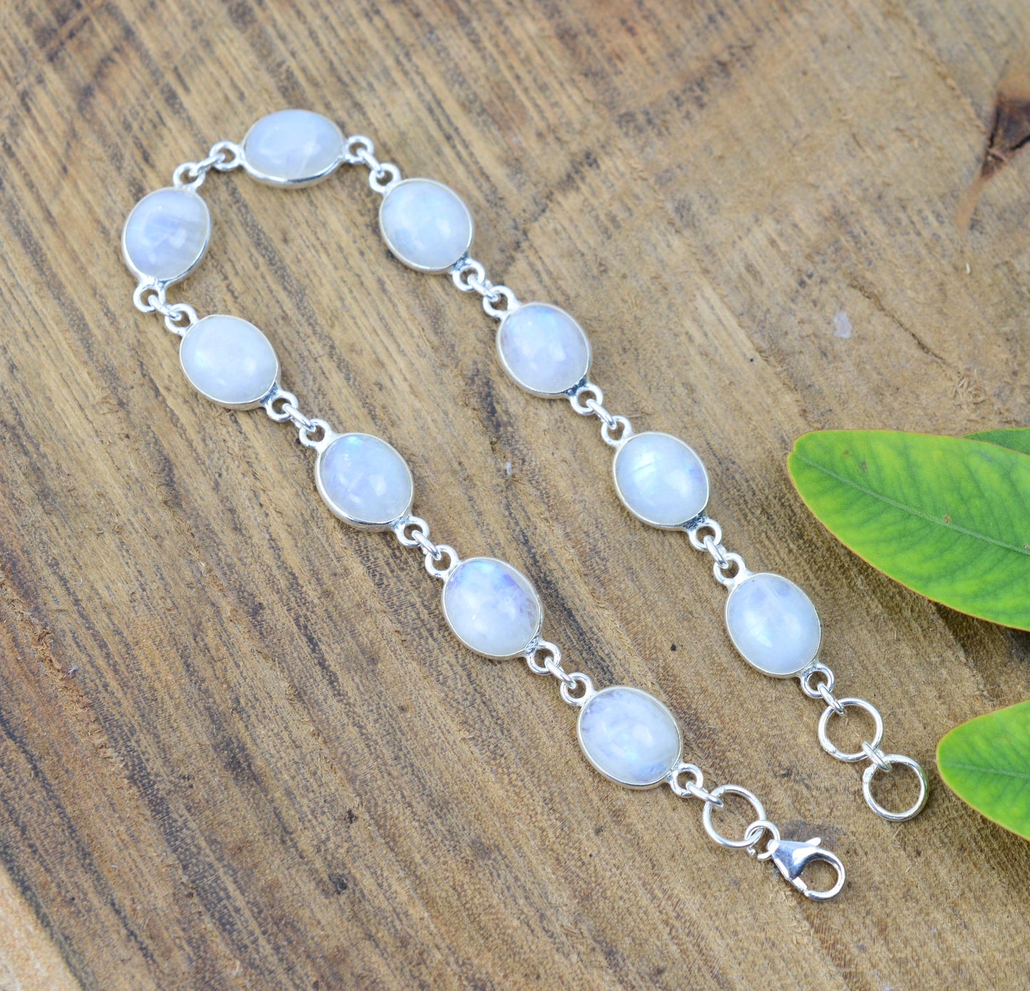 925 SOLID STERLING SILVER WHITE RAINBOW MOONSTONE HANDMADE BRACELET - 8 INCH
