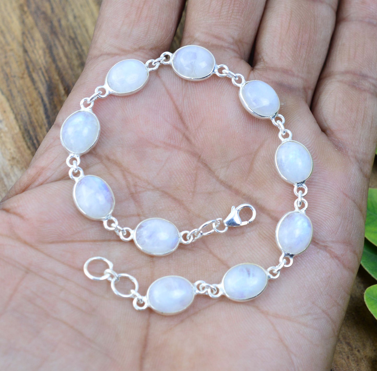 925 SOLID STERLING SILVER WHITE RAINBOW MOONSTONE HANDMADE BRACELET - 8 INCH