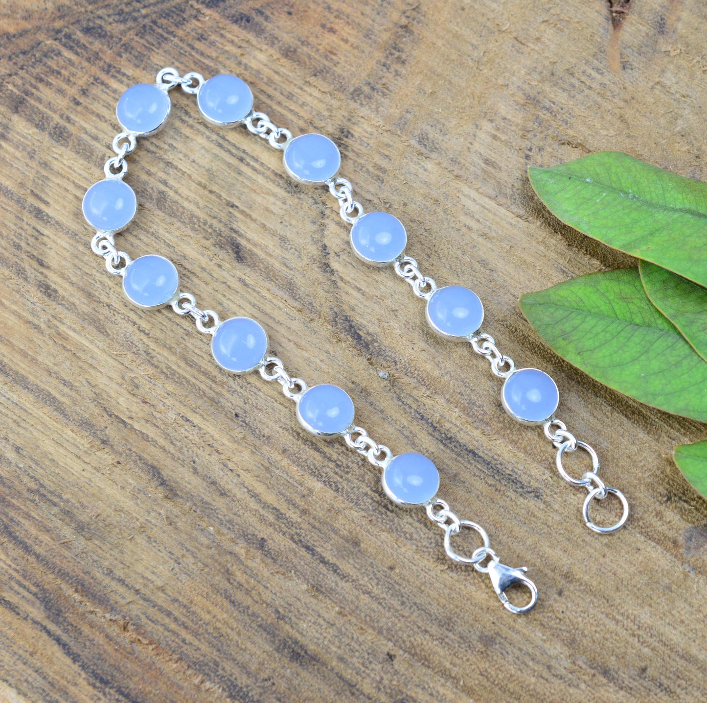 925 SOLID STERLING SILVER BLUE CHALCEDONY HANDMADE BRACELET - 7.5 INCH  O