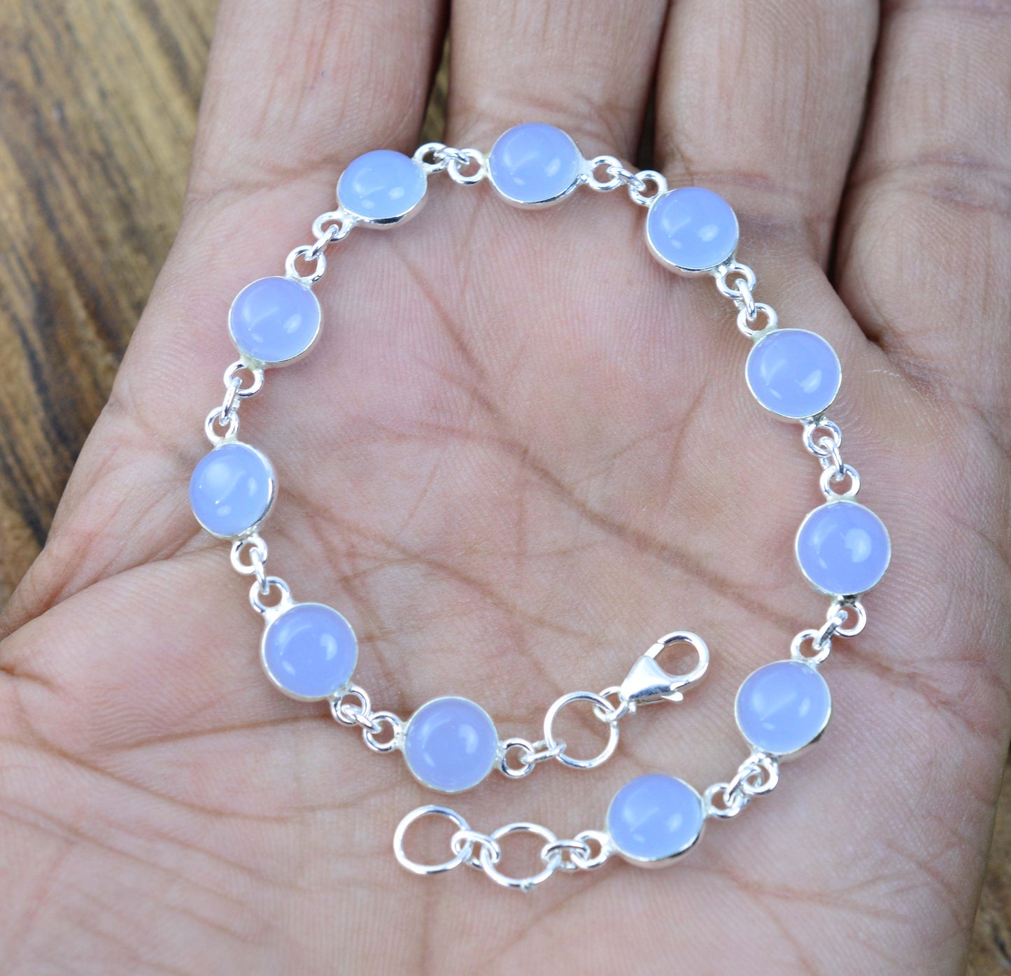 925 SOLID STERLING SILVER BLUE CHALCEDONY HANDMADE BRACELET - 7.5 INCH  O