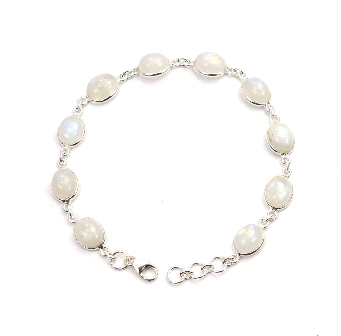 925 SOLID STERLING SILVER WHITE RAINBOW MOONSTONE HANDMADE BRACELET - 8 INCH