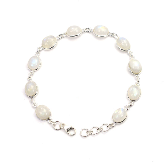 925 SOLID STERLING SILVER WHITE RAINBOW MOONSTONE HANDMADE BRACELET - 8 INCH