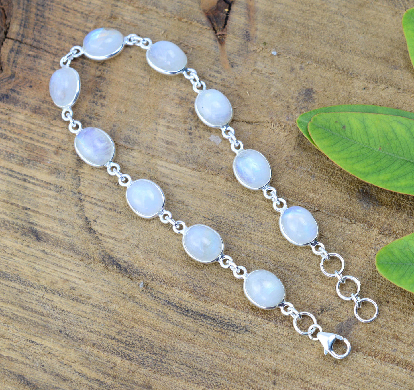 925 SOLID STERLING SILVER WHITE RAINBOW MOONSTONE HANDMADE BRACELET - 8 INCH