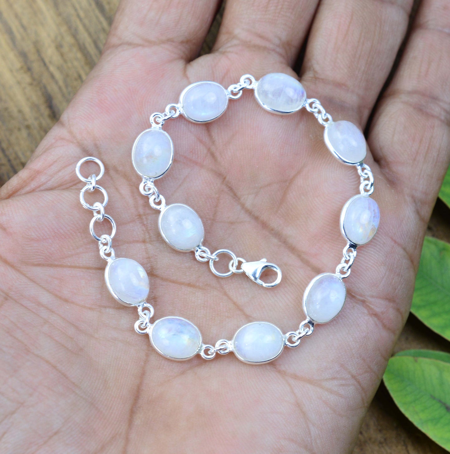 925 SOLID STERLING SILVER WHITE RAINBOW MOONSTONE HANDMADE BRACELET - 8 INCH
