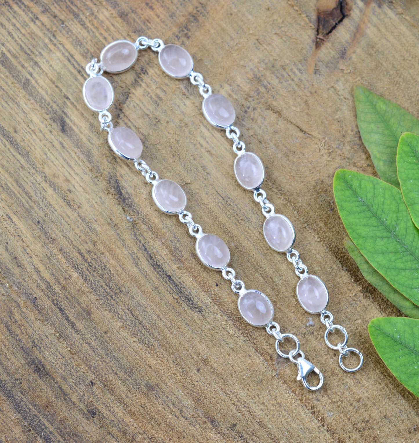 925 SOLID STERLING SILVER PINK ROSE QUARTZ HANDMADE BRACELET - 7.5 INCH