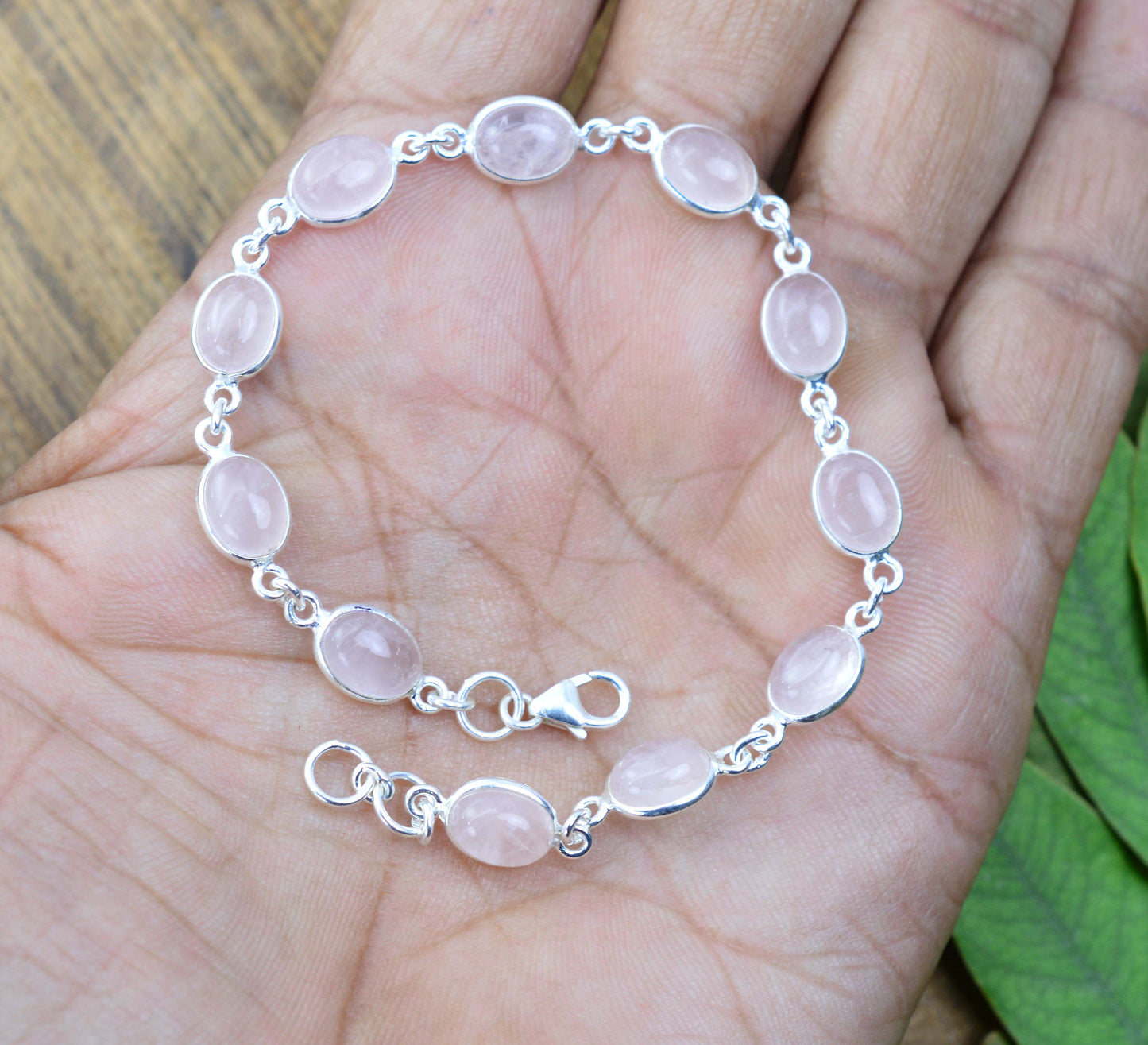 925 SOLID STERLING SILVER PINK ROSE QUARTZ HANDMADE BRACELET - 7.5 INCH