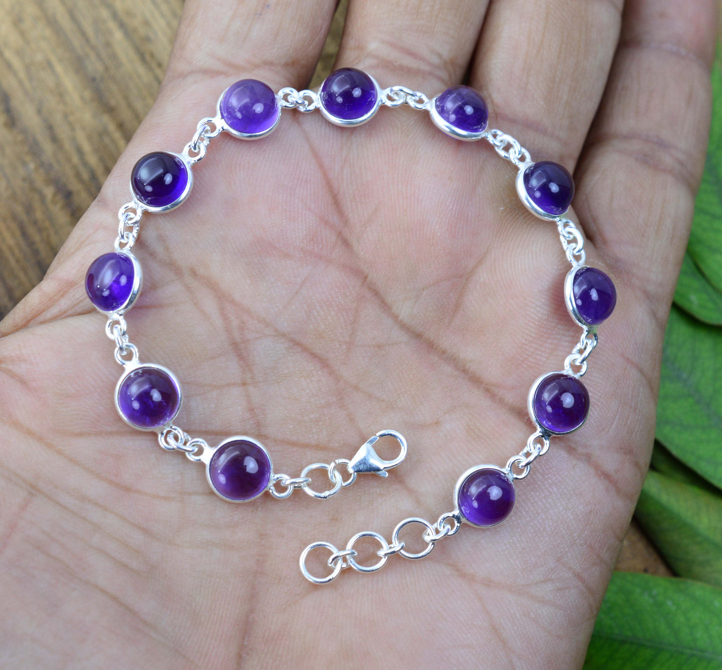 925 SOLID STERLING SILVER PURPLE AMETHYST HANDMADE BRACELET - 7.5 INCH