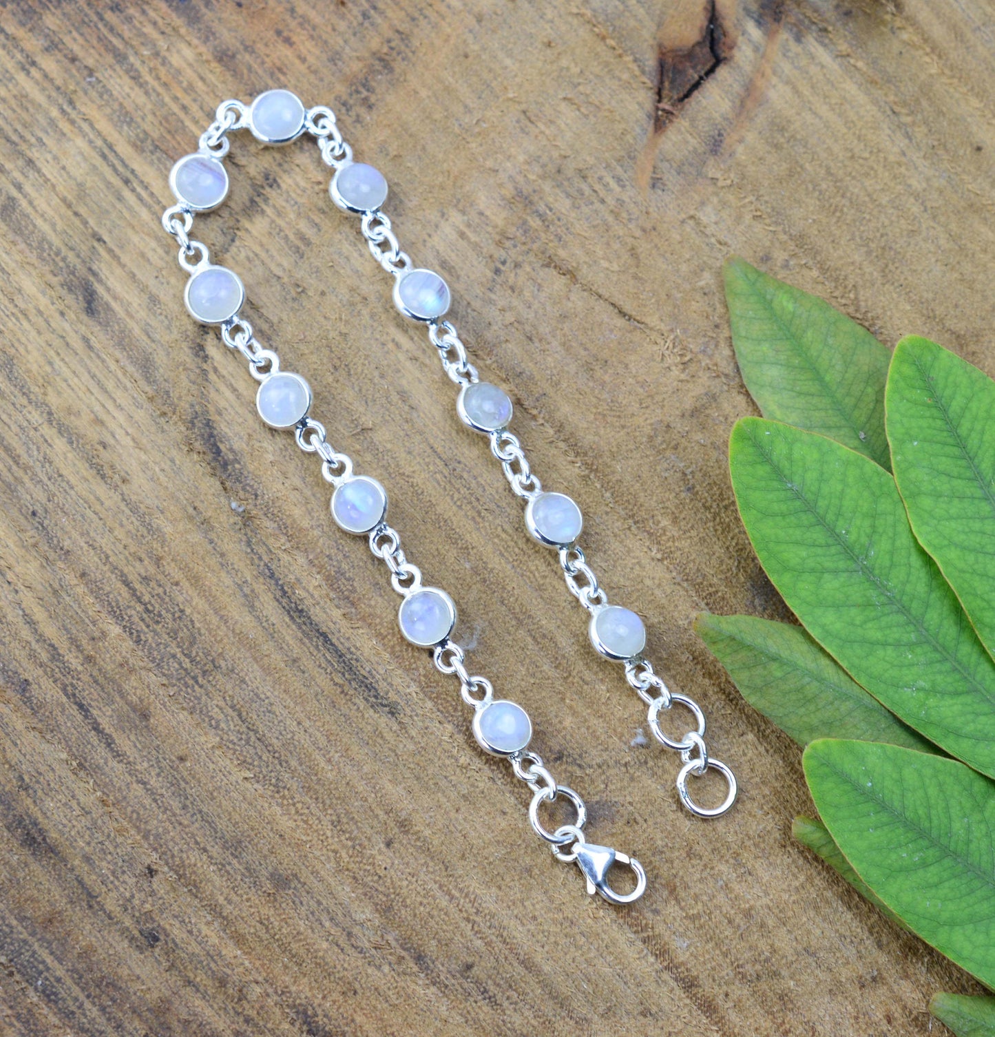 925 SOLID STERLING SILVER WHITE RAINBOW MOONSTONE HANDMADE BRACELET - 7 INCH