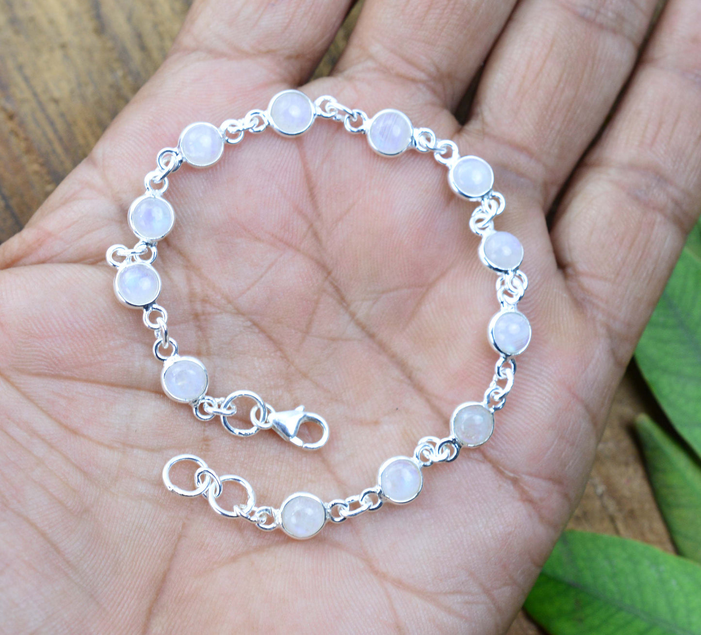 925 SOLID STERLING SILVER WHITE RAINBOW MOONSTONE HANDMADE BRACELET - 7 INCH