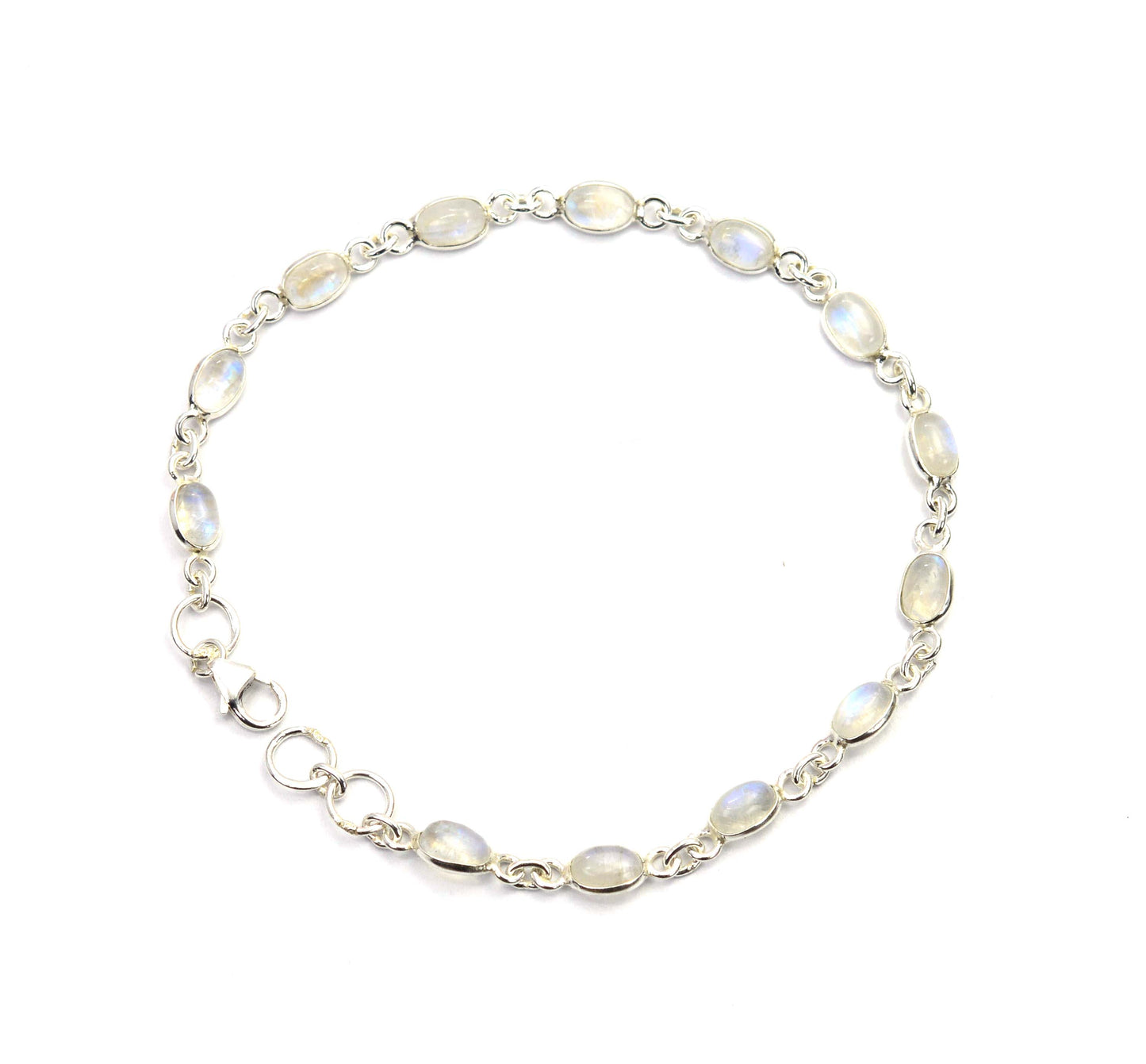 925 SOLID STERLING SILVER WHITE RAINBOW MOONSTONE HANDMADE BRACELET - 8 INCH