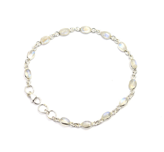 925 SOLID STERLING SILVER WHITE RAINBOW MOONSTONE HANDMADE BRACELET - 8 INCH