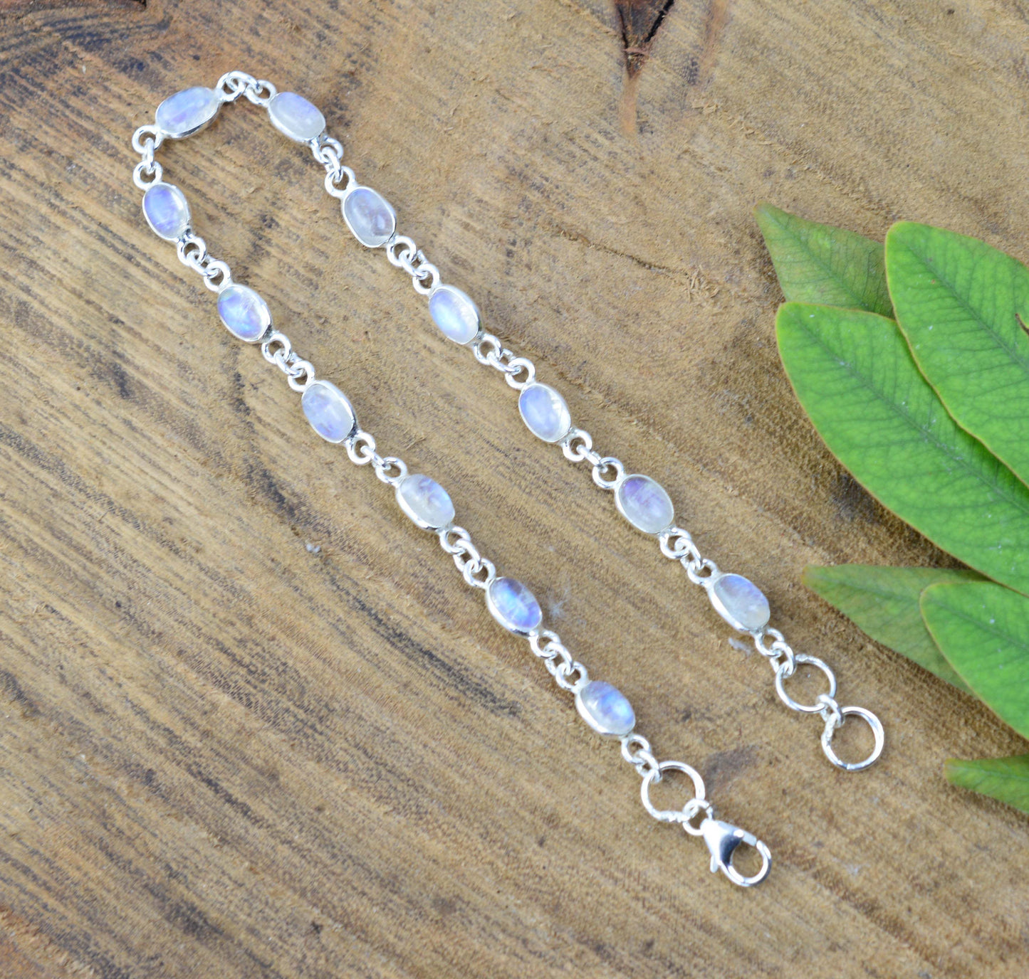 925 SOLID STERLING SILVER WHITE RAINBOW MOONSTONE HANDMADE BRACELET - 8 INCH