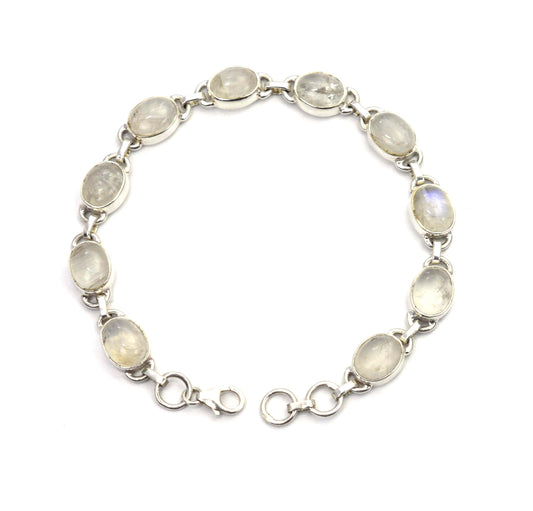 925 SOLID STERLING SILVER WHITE RAINBOW MOONSTONE HANDMADE BRACELET - 8 INCH