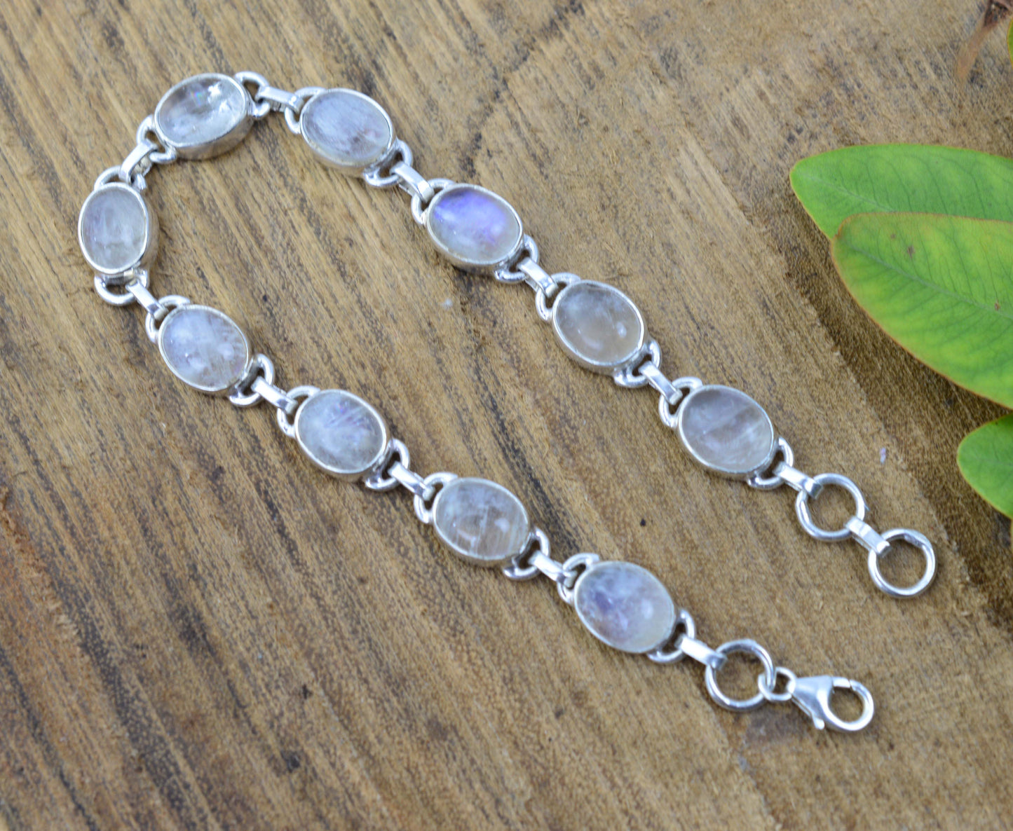 925 SOLID STERLING SILVER WHITE RAINBOW MOONSTONE HANDMADE BRACELET - 8 INCH