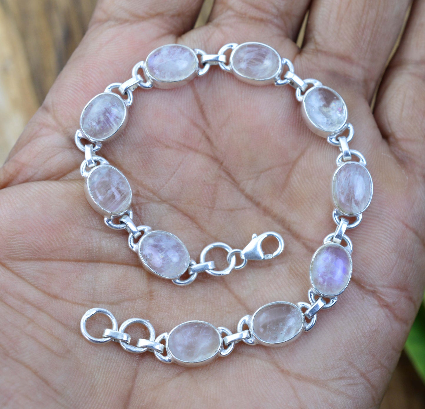 925 SOLID STERLING SILVER WHITE RAINBOW MOONSTONE HANDMADE BRACELET - 8 INCH