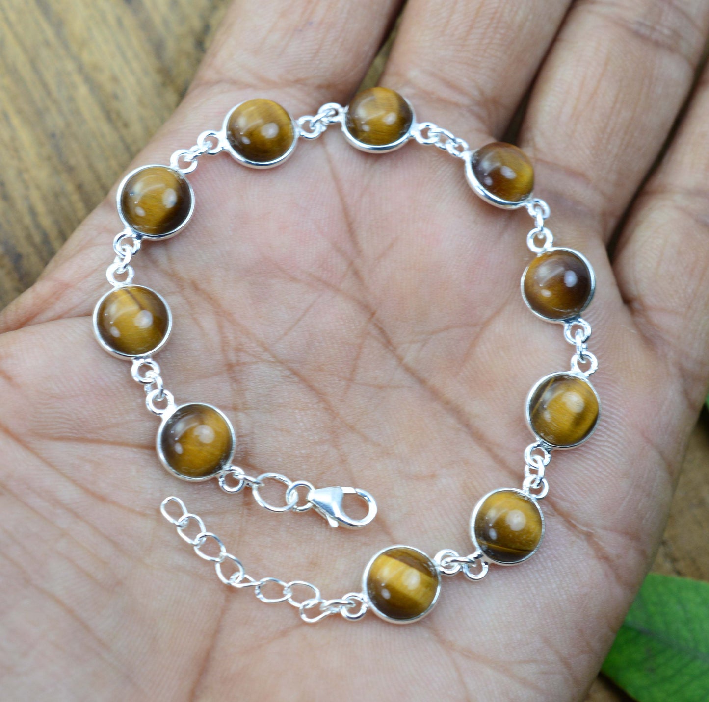 925 SOLID STERLING SILVER TIGER EYE HANDMADE BRACELET -  7.5 INCH