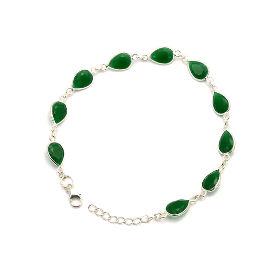 925 SOLID STERLING SILVER CUT Simulated Emerald HANDMADE BRACELET - 8.5 INCH