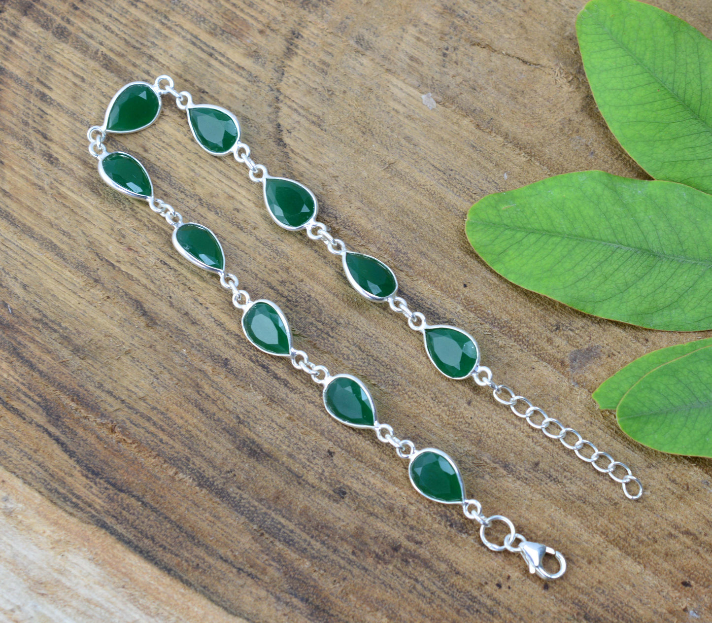 925 SOLID STERLING SILVER CUT Simulated Emerald HANDMADE BRACELET - 8.5 INCH