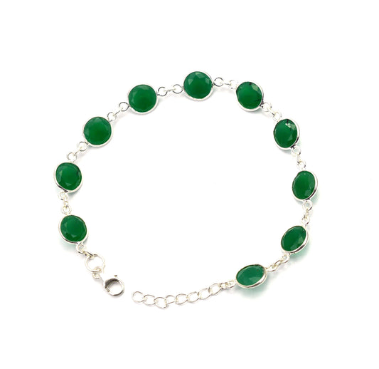 925 SOLID STERLING SILVER CUT Simulated Emerald HANDMADE BRACELET - 7.5 INCH