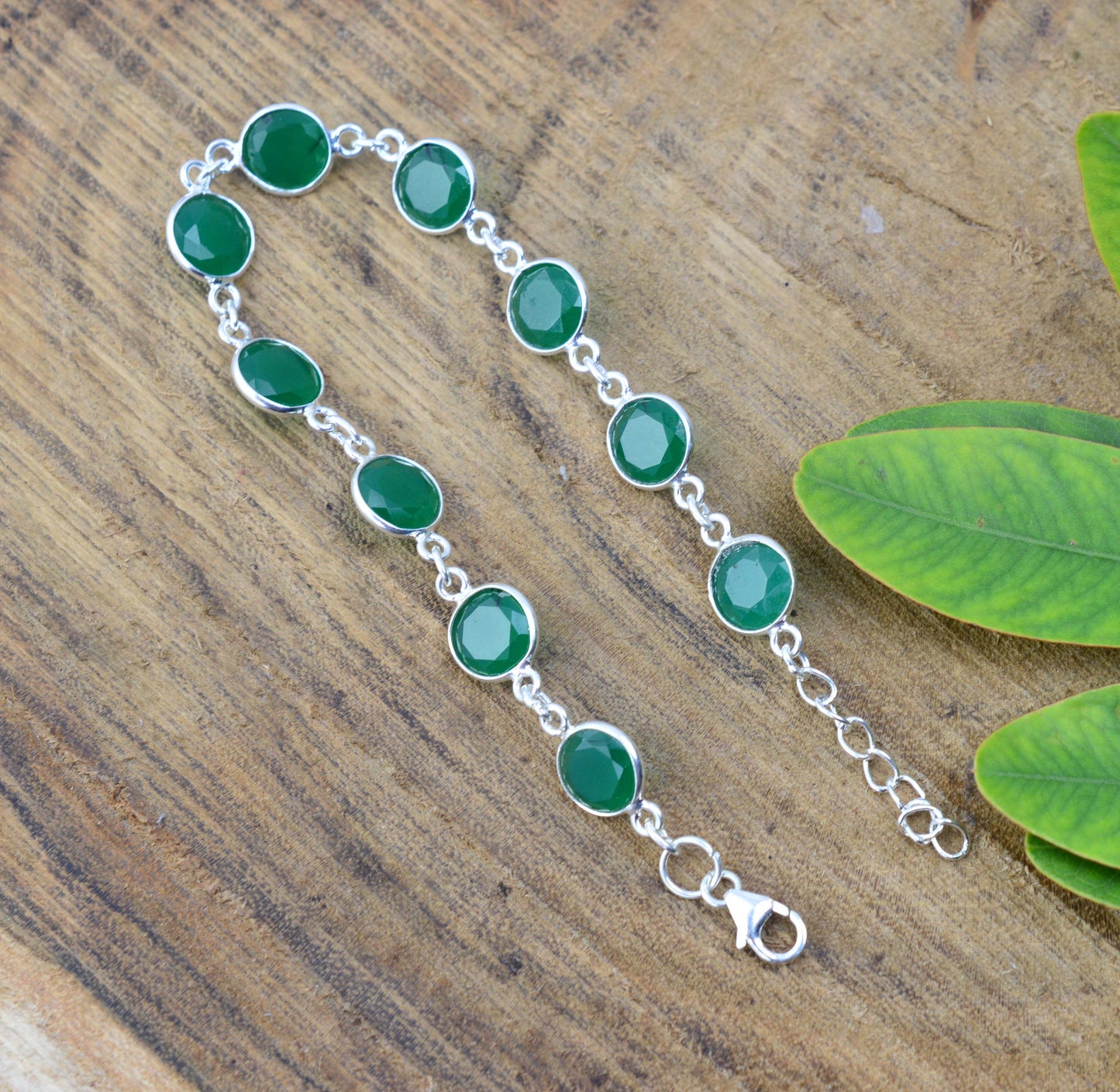 925 SOLID STERLING SILVER CUT Simulated Emerald HANDMADE BRACELET - 7.5 INCH