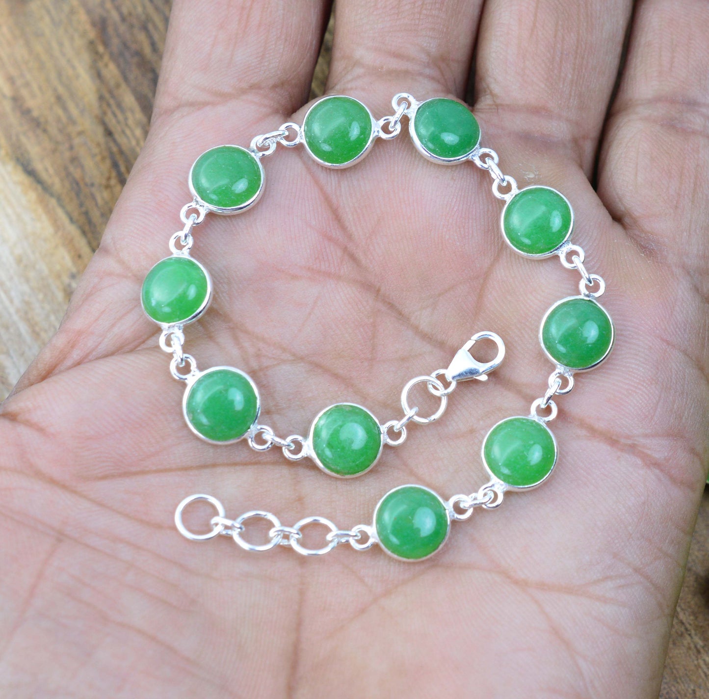 925 SOLID STERLING SILVER GREEN JADE HANDMADE BRACELET - 7.5 INCH