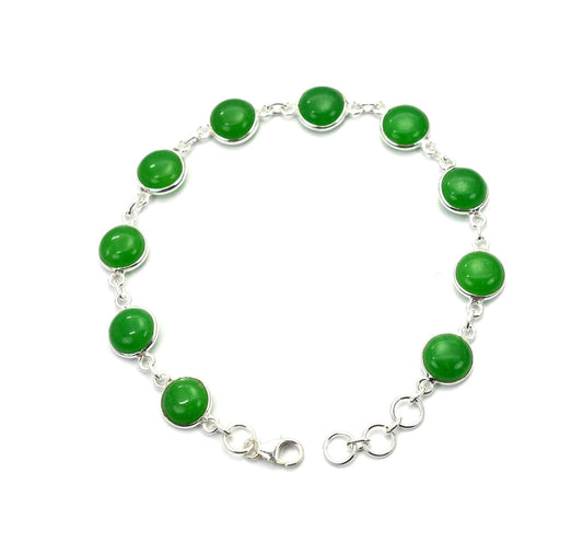 925 SOLID STERLING SILVER GREEN JADE HANDMADE BRACELET - 7.5 INCH