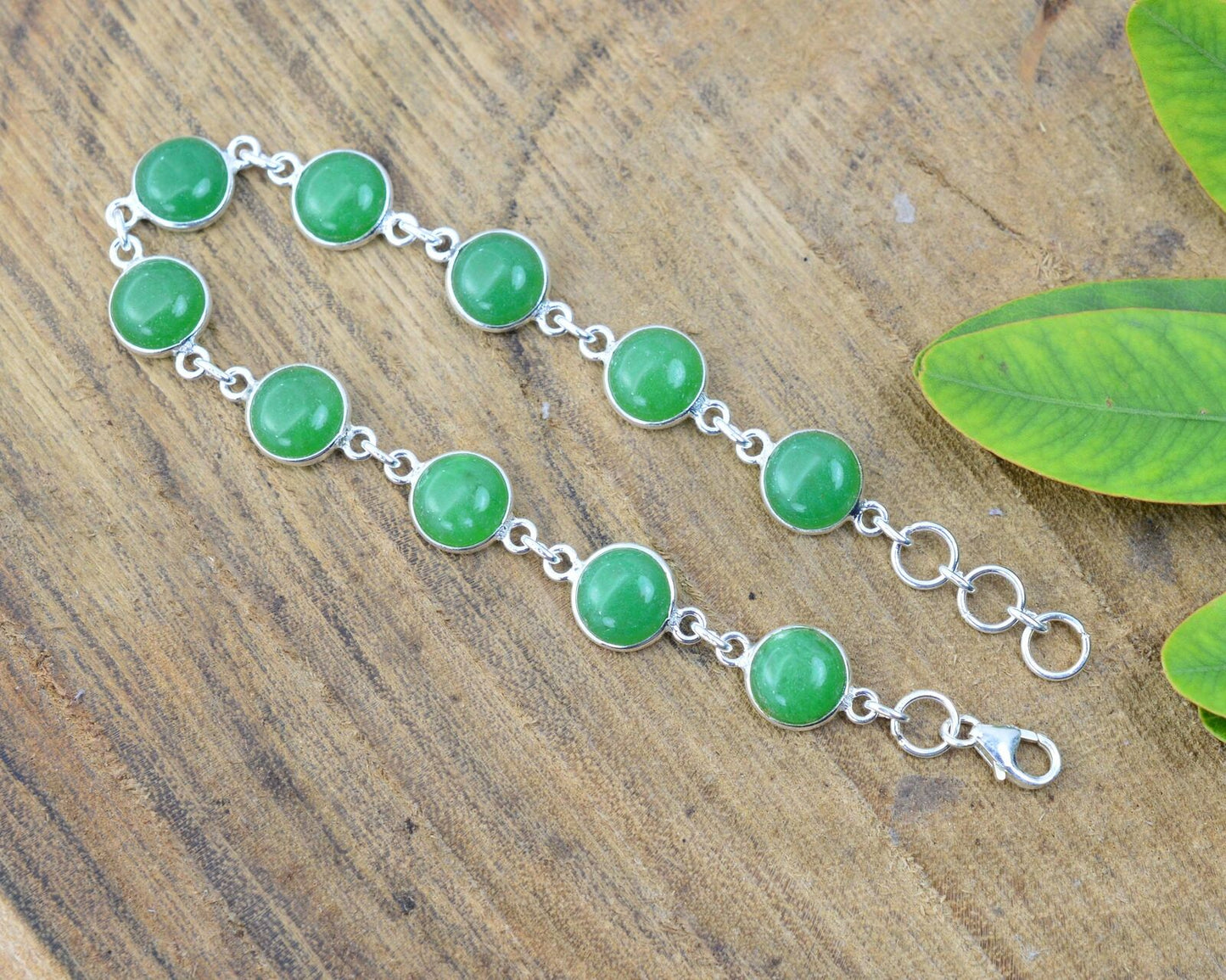 925 SOLID STERLING SILVER GREEN JADE HANDMADE BRACELET - 7.5 INCH