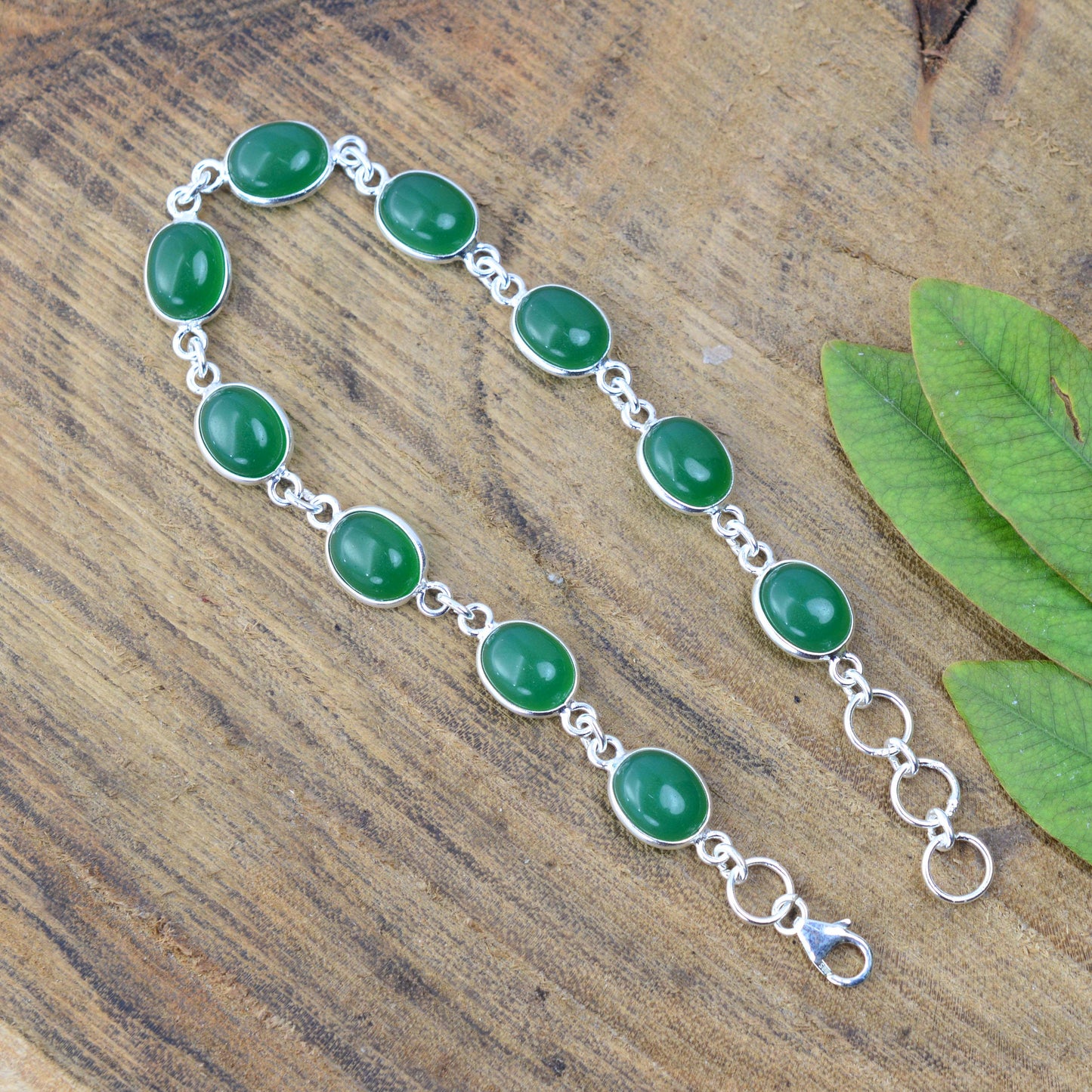 925 SOLID STERLING SILVER GREEN ONYX HANDMADE BRACELET - 8 INCH
