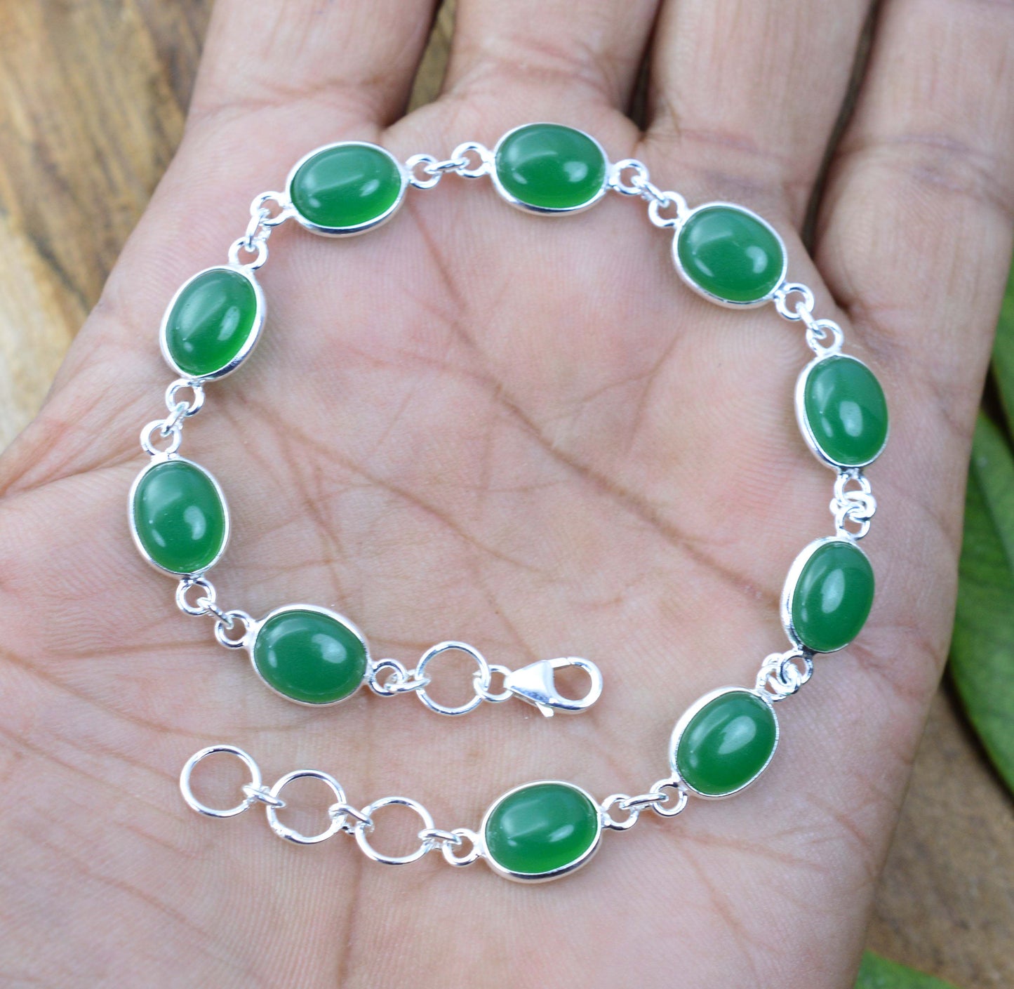 925 SOLID STERLING SILVER GREEN ONYX HANDMADE BRACELET - 8 INCH