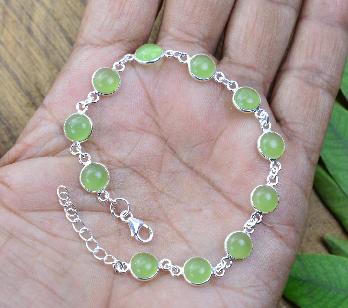 925 SOLID STERLING SILVER GREEN JADE HANDMADE BRACELET - 8 INCH