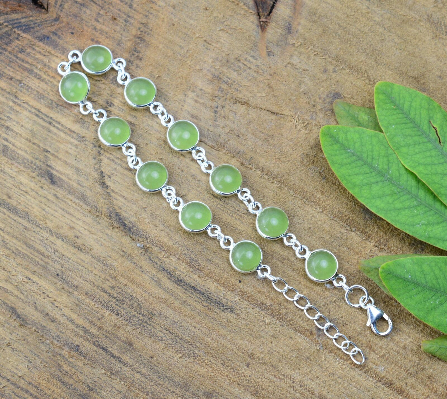 925 SOLID STERLING SILVER GREEN JADE HANDMADE BRACELET - 8 INCH