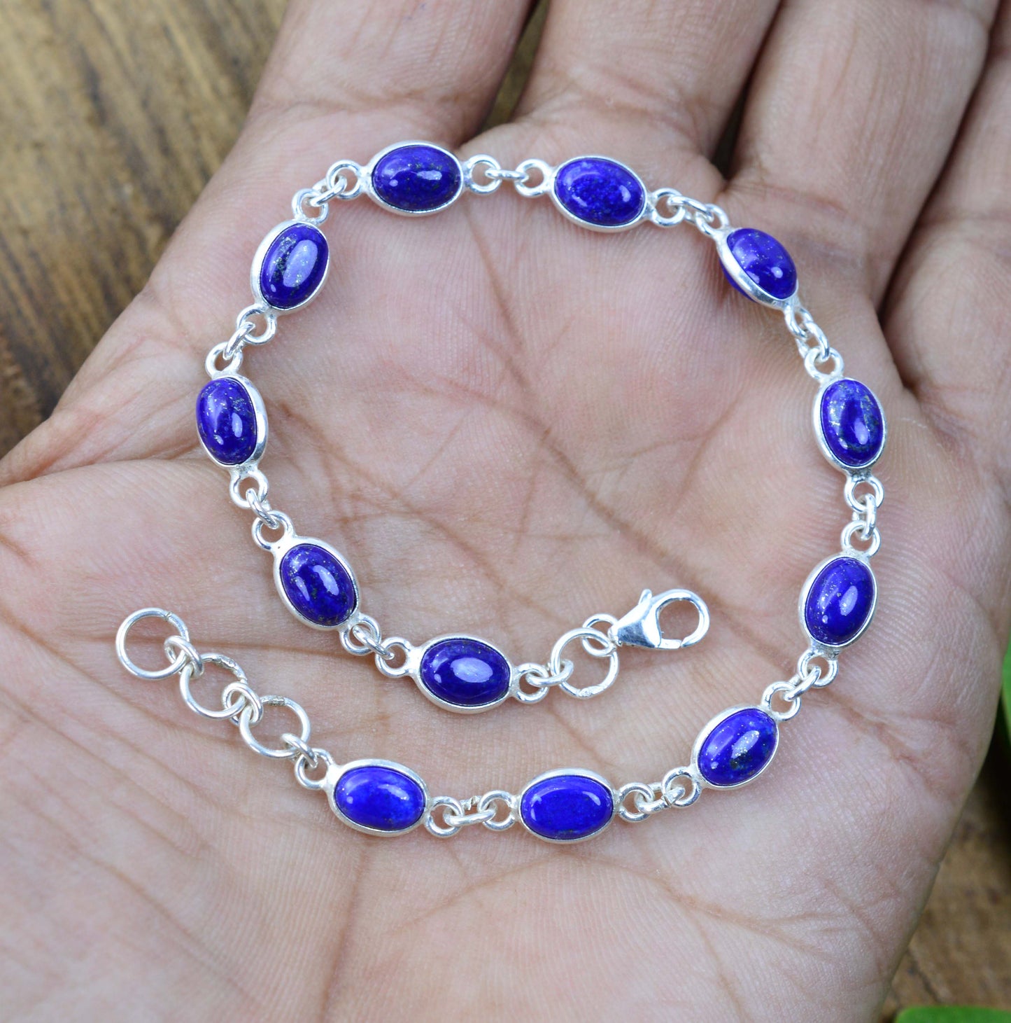 925  SOLID STERLING SILVER BLUE LAPIS LAZULI HANDMADE BRACELET - 8 INCH