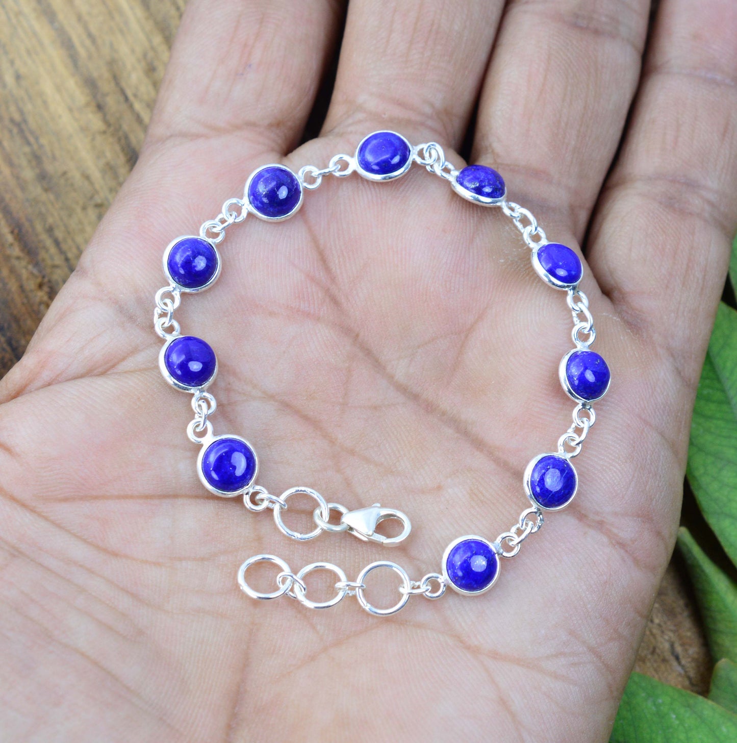 925 SOLID STERLING SILVER BLUE LAPIS LAZULI HANDMADE BRACELET - 7 INCH