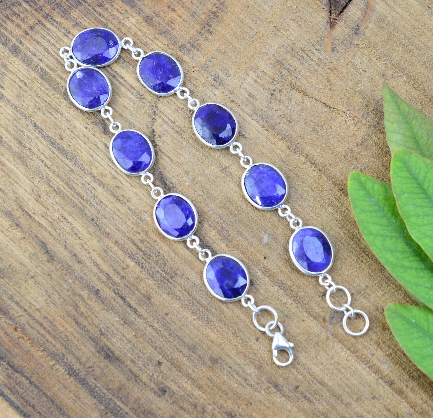 925 SOLID STERLING SILVER CUT Simulated Sapphire HANDMADE BRACELET - 7.5 INCH