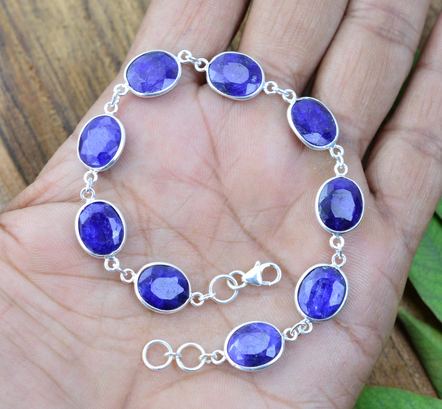 925 SOLID STERLING SILVER CUT Simulated Sapphire HANDMADE BRACELET - 7.5 INCH