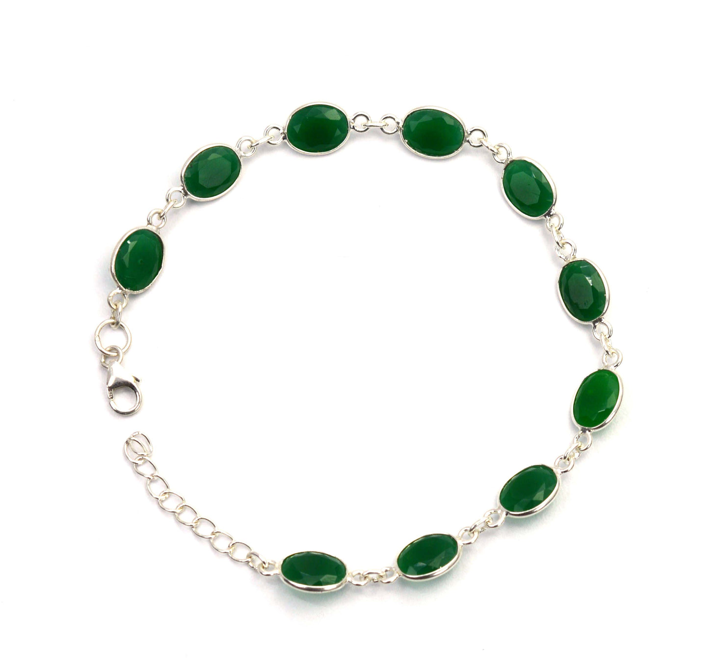 925 SOLID STERLING SILVER CUT Simulated Emerald HANDMADE BRACELET - 8 INCH