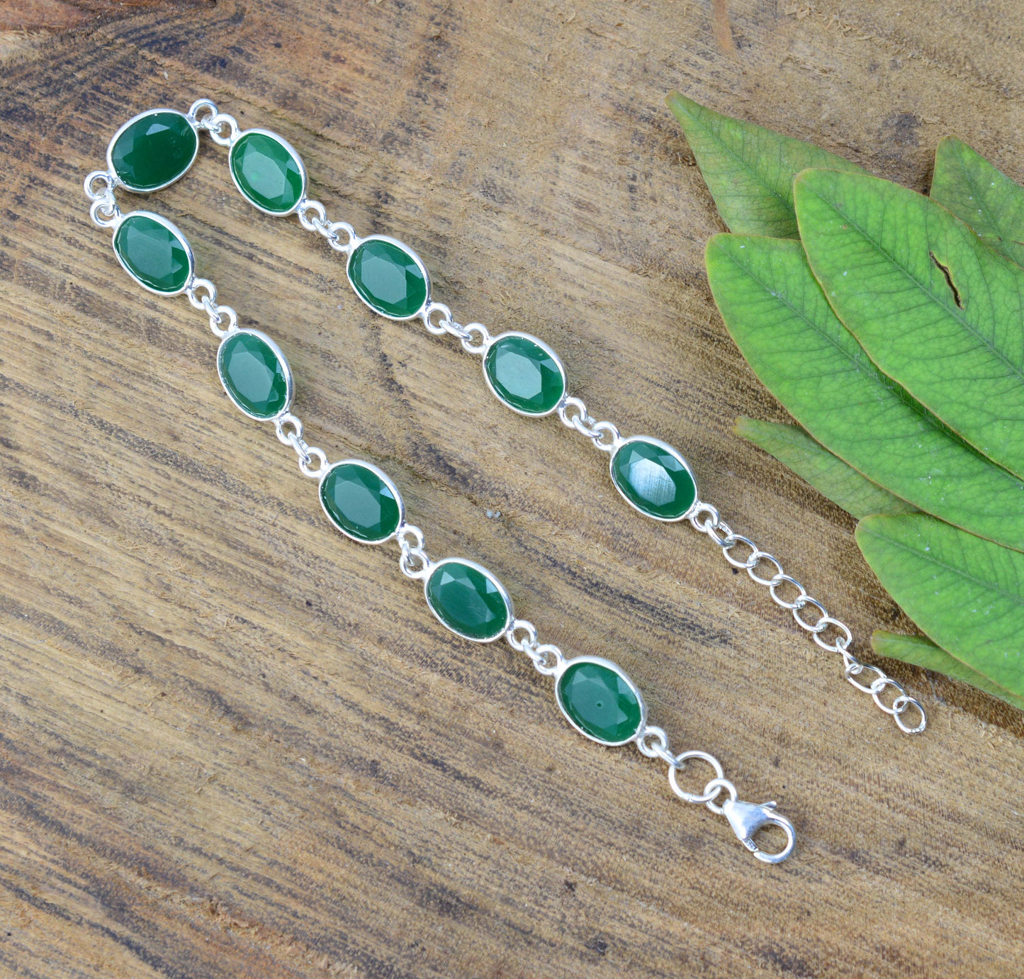 925 SOLID STERLING SILVER CUT Simulated Emerald HANDMADE BRACELET - 8 INCH
