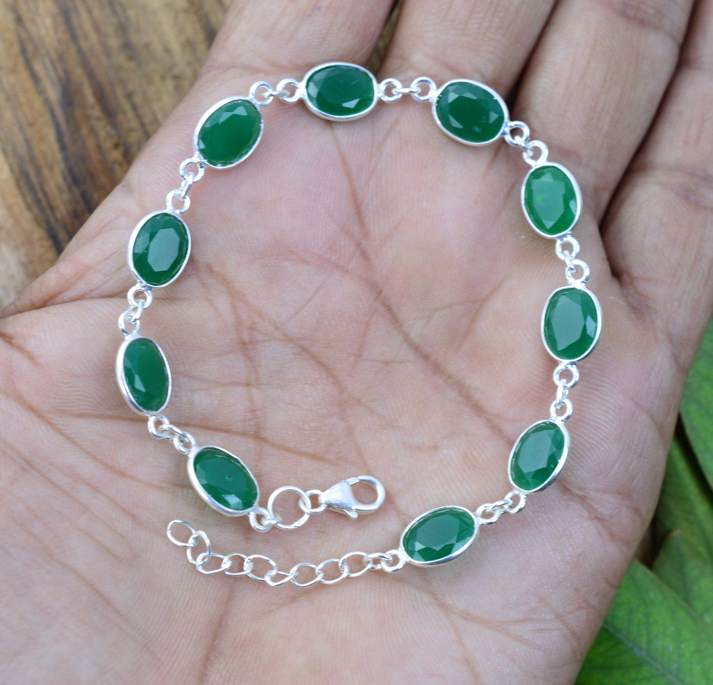 925 SOLID STERLING SILVER CUT Simulated Emerald HANDMADE BRACELET - 8 INCH