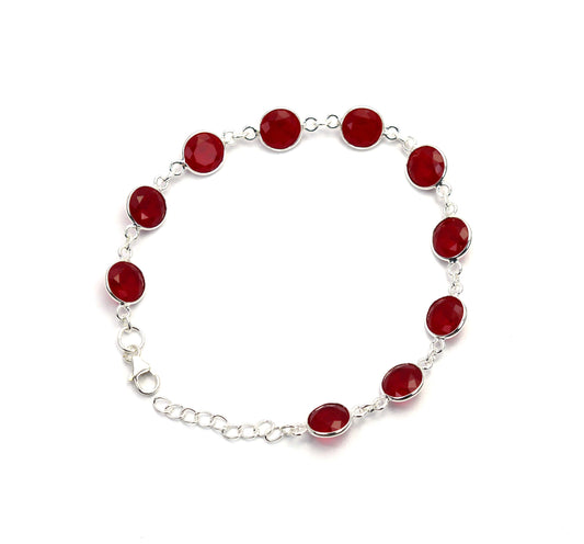 925 SOLID STERLING CUT Simulated Ruby QUARTZ HANDMADE BRACELET - 7.5 INCH
