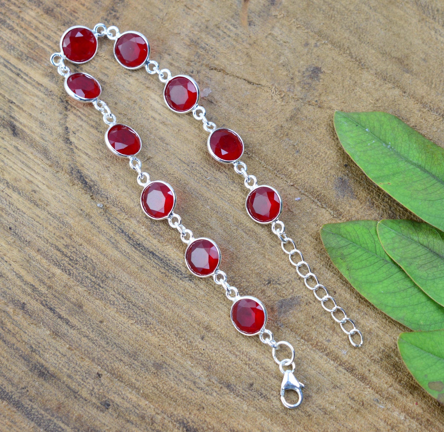 925 SOLID STERLING CUT Simulated Ruby QUARTZ HANDMADE BRACELET - 7.5 INCH