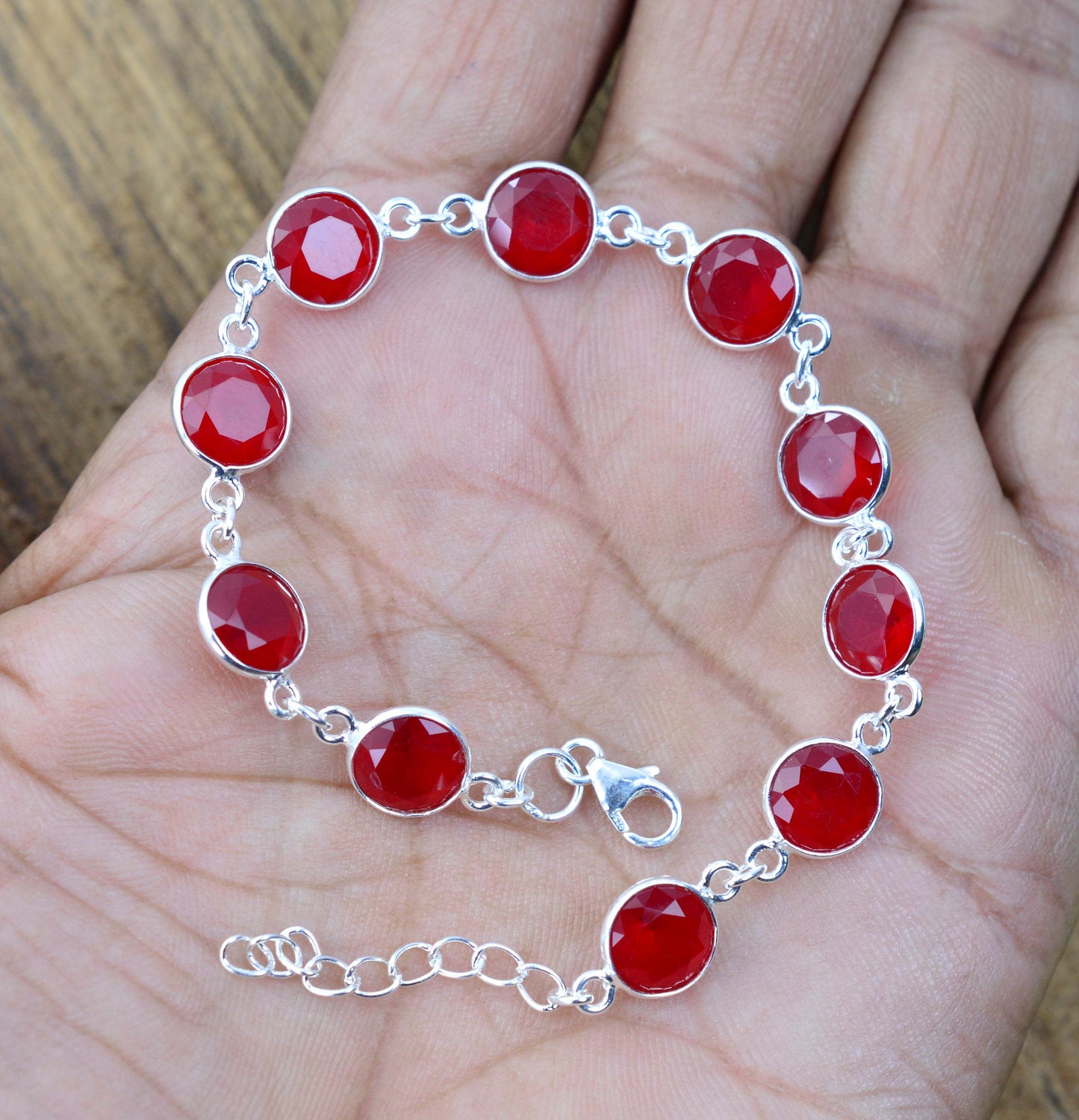 925 SOLID STERLING CUT Simulated Ruby QUARTZ HANDMADE BRACELET - 7.5 INCH