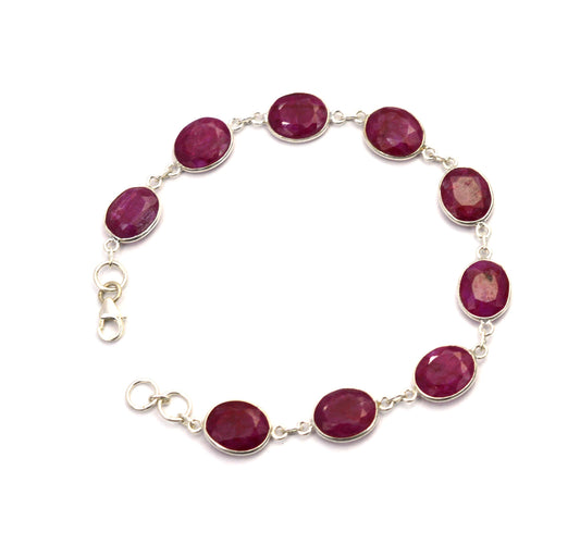 925 SOLID STERLING CUT Simulated Ruby HANDMADE BRACELET- 8 INCH