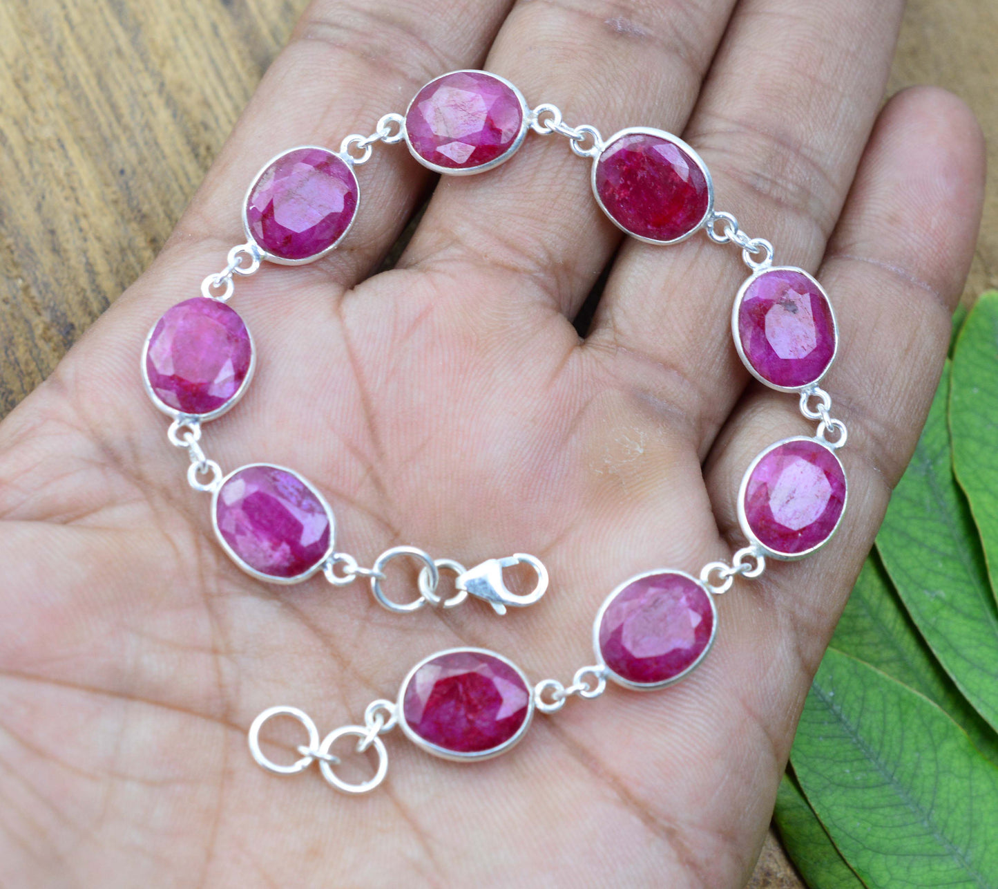 925 SOLID STERLING CUT Simulated Ruby HANDMADE BRACELET- 8 INCH