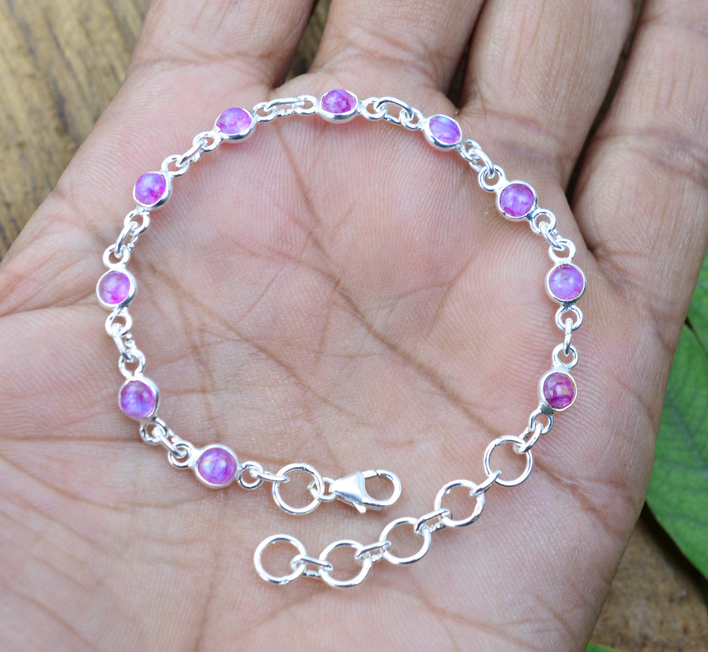 925 SOLID STERLING SILVER Pink RAINBOW MOONSTONE HANDMADE BRACELET - 7 INCH
