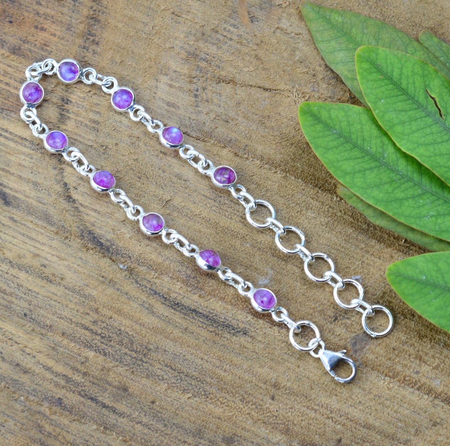 925 SOLID STERLING SILVER Pink RAINBOW MOONSTONE HANDMADE BRACELET - 7 INCH