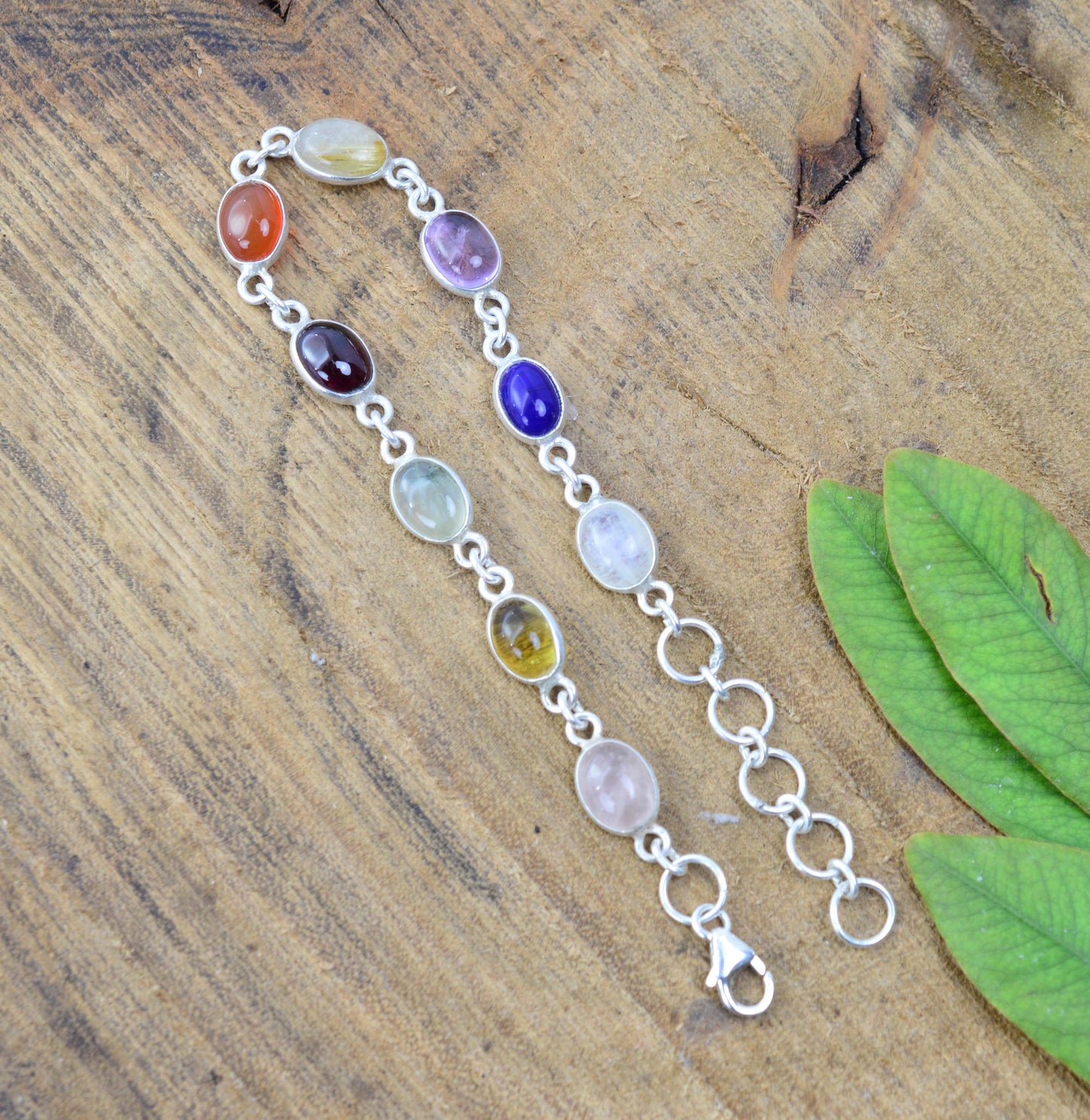 925 SOLID STERLING SILVER PREHNITE MIX STONE HANDMADE BRACELET  - 7.5 INCH