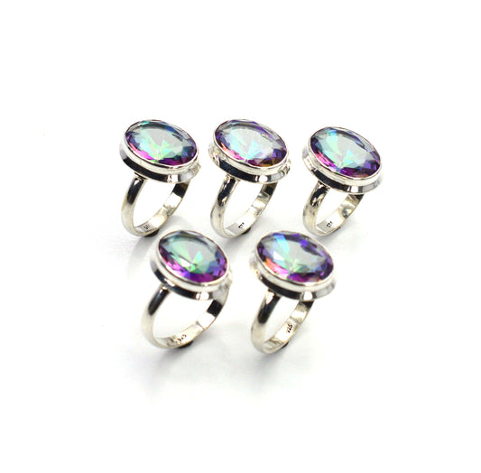 WHOLESALE 5PC 925 SOLID STERLING SILVER FACETED MYSTIC TOPAZ RING LOT