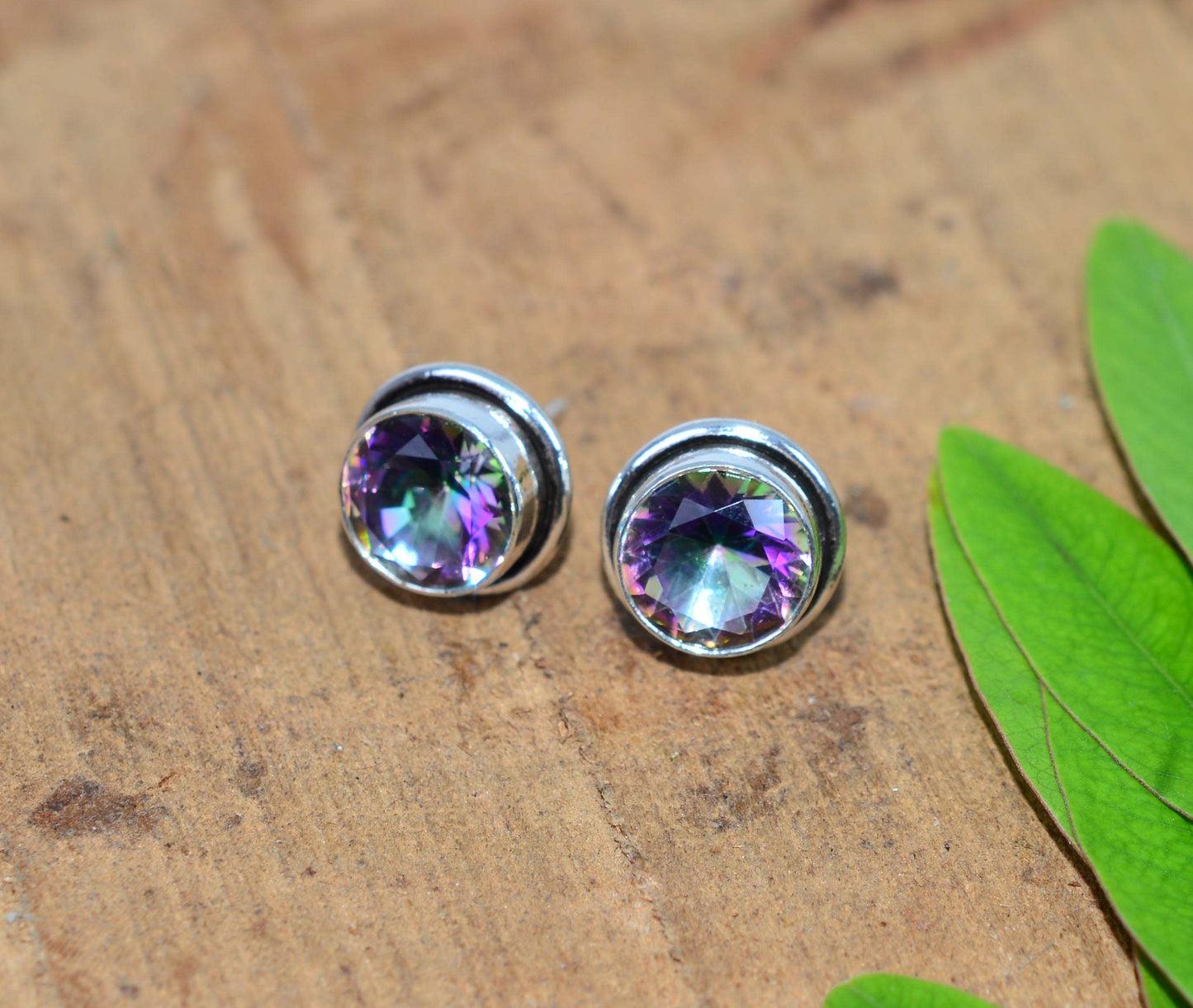 925 SOLID STERLING SILVER CUT MYSTIC TOPAZ STUD EARRING