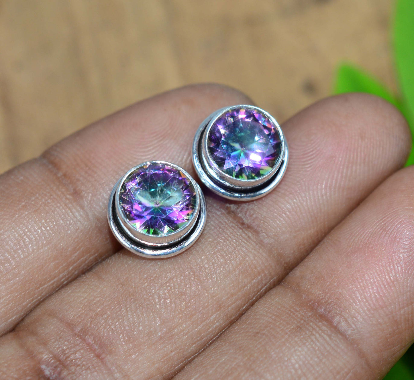 925 SOLID STERLING SILVER CUT MYSTIC TOPAZ STUD EARRING