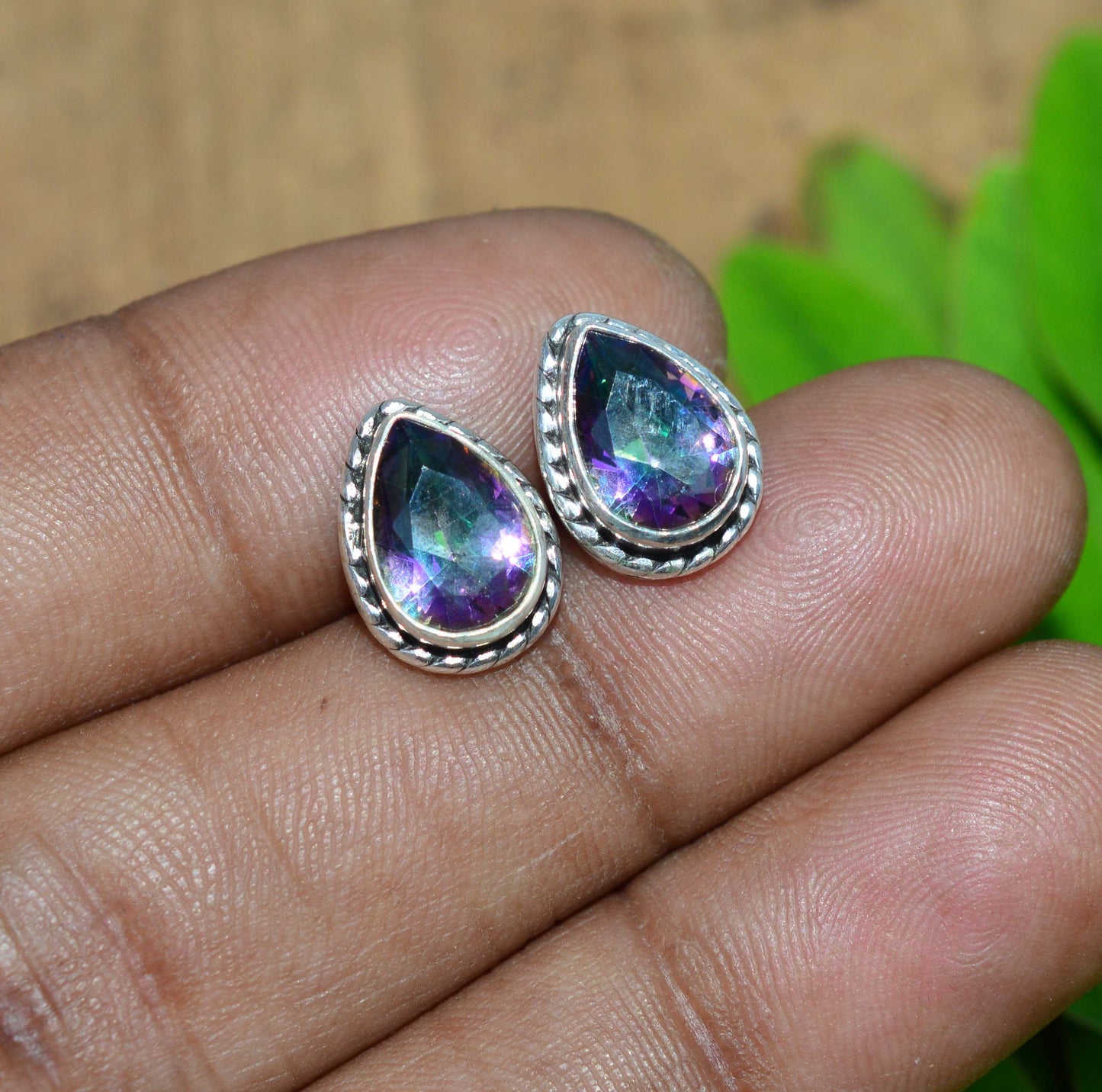 925 SOLID STERLING STERLING SILVER CUT MYSTIC TOPAZ STUD EARRING